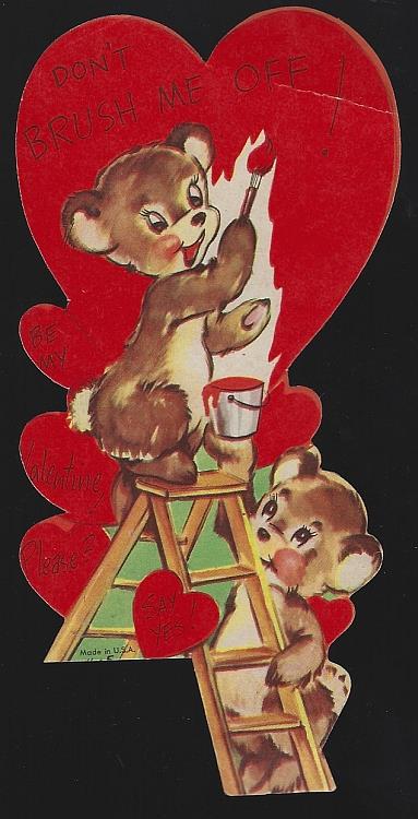 VINTAGE VALENTINE CARD WITH BEARS ON A LADDER PAINTING