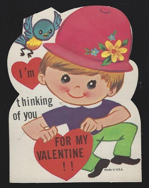 VINTAGE VALENTINE CARD WITH BOY AND BIRD