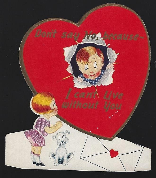 VINTAGE VALENTINE CARD WITH BOY IN HEART AND GIRL WITH DOG
