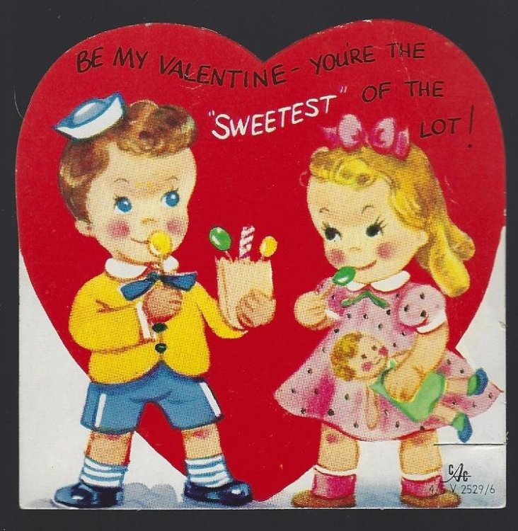 VINTAGE VALENTINE CARD WITH TWO CHILDREN EATING CANDY