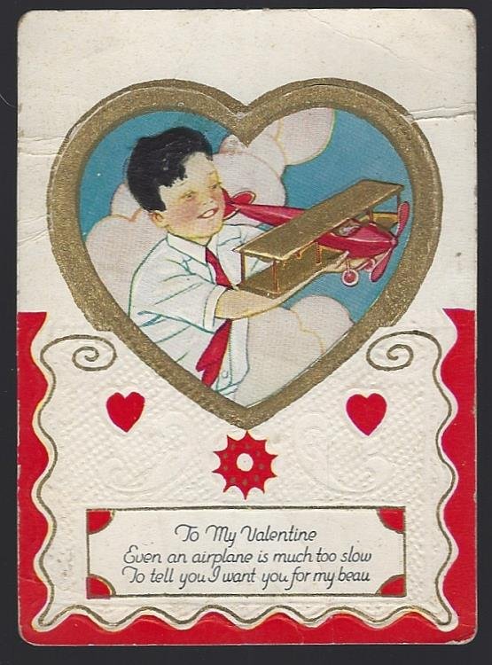VINTAGE VALENTINE CARD WITH BOY AND HIS AIRPLANE