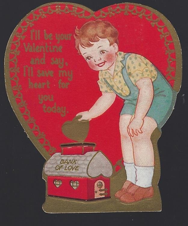 VINTAGE HEART SHAPED VALENTINE CARD WITH LITTLE BOY PUTTING HEART IN BANK