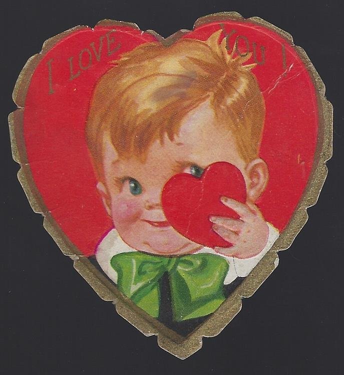 VINTAGE HEART SHAPED VALENTINE CARD WITH LITTLE BOY HOLDING HEART