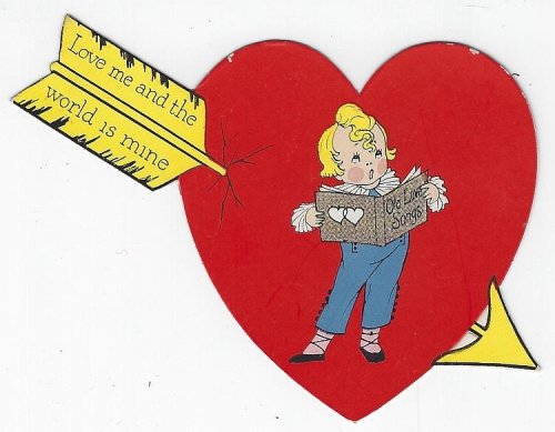 VINTAGE HEART SHAPED VALENTINE CARD WITH ARROW AND SINGING BOY