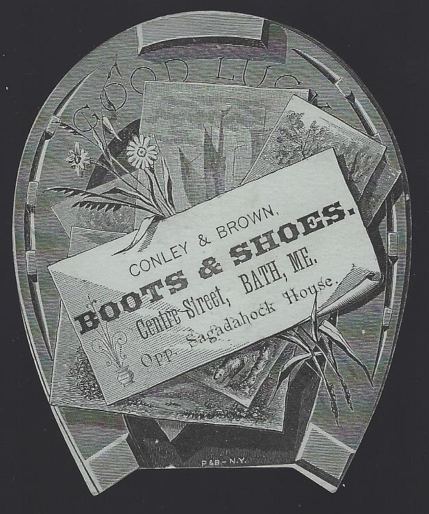 VICTORIAN DIE CUT HORSESHOE TRADE CARD FOR CONLEY AND BROWN BOOTS AND SHOES
