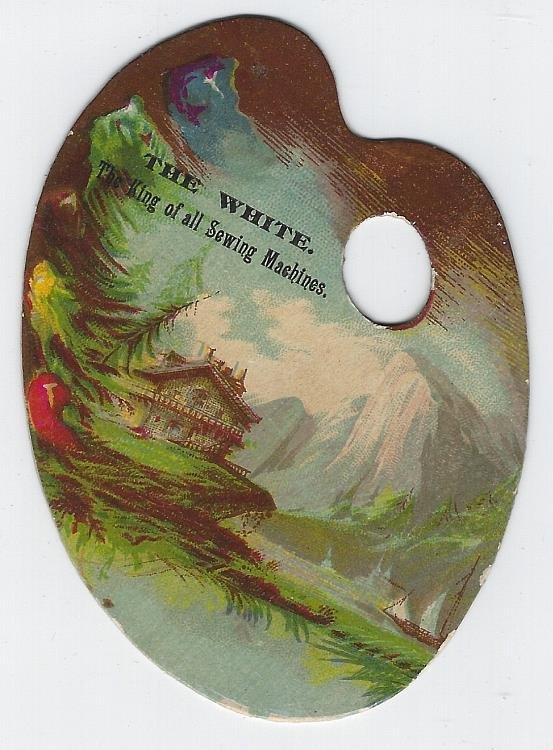 VICTORIAN DIE CUT ARTIST PALETTE TRADE CARD FOR WHITE SEWING MACHINE