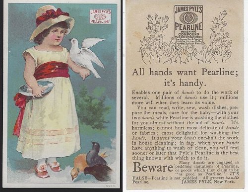 VICTORIAN TRADE CARD FOR PEARLINE WASHING COMPOUND WITH LITTLE GIRL FEEDING BIRDS