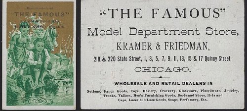VICTORIAN TRADE CARD FOR KRAMER AND FRIEDMAN DEPARTMENT STORE, CHICAGO, WITH BOY AND GIRL FISHING