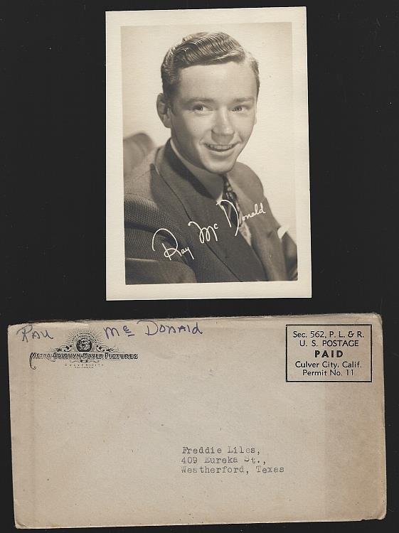 VINTAGE ORIGINAL STUDIO SIGNED PHOTOGRAPH OF RAY MCDONALD WITH ORIGINAL ENVELOPE