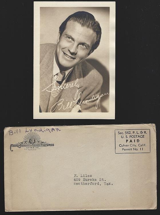 VINTAGE ORIGINAL STUDIO SIGNED PHOTOGRAPH OF BILL LUNDIGAN WITH ORIGINAL ENVELOPE