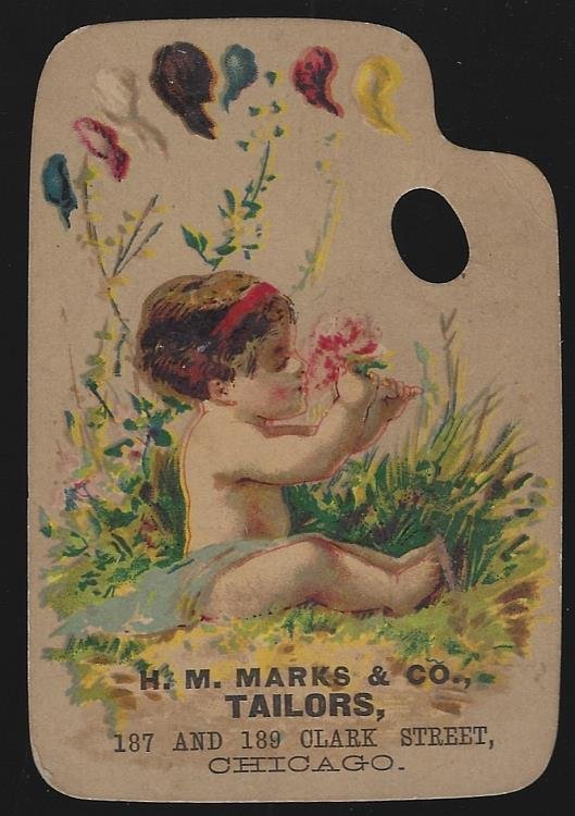 VICTORIAN DIE CUT ARTIST PALETTE TRADE CARD FOR H. M. MARKS TAILORS WITH BABY SMELLING FLOWERS