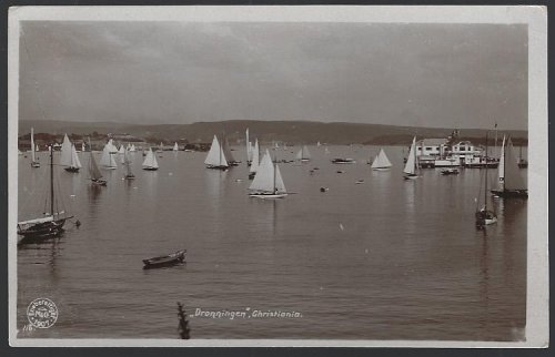 REAL PHOTO POSTCARD SAILBOATS AT DRONNINGEN, CHRISTIANIA, NORWAY