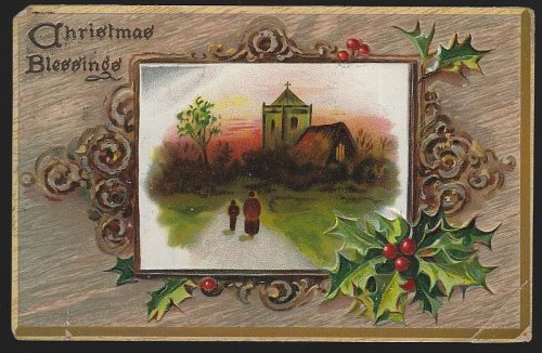 TUCK'S CHRISTMAS BLESSINGS POSTCARD COUPLE WALKING TO CHURCH