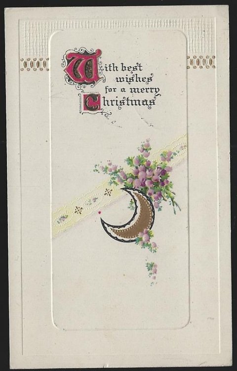 BEST WISHES CHRISTMAS POSTCARD WITH PURPLE FLOWERS AND GOLD MOON