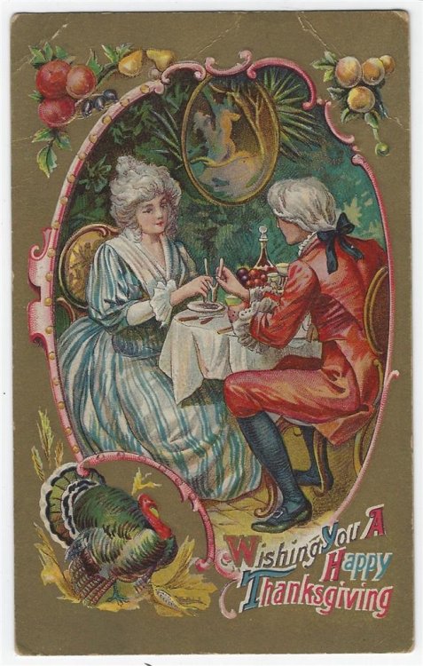THANKSGIVING POSTCARD WITH COLONIAL COUPLE