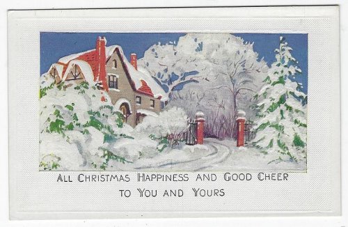 CHRISTMAS HAPPINESS POSTCARD WITH SNOWY HOUSE