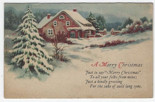 MERRY CHRISTMAS POSTCARD WITH SNOWY HOUSE AND PINE TREES