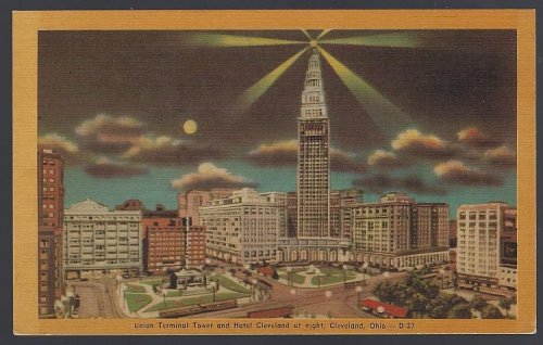 UNION TERMINAL TOWER AND HOTEL CLEVELAND AT NIGHT, CLEVELAND, OHIO