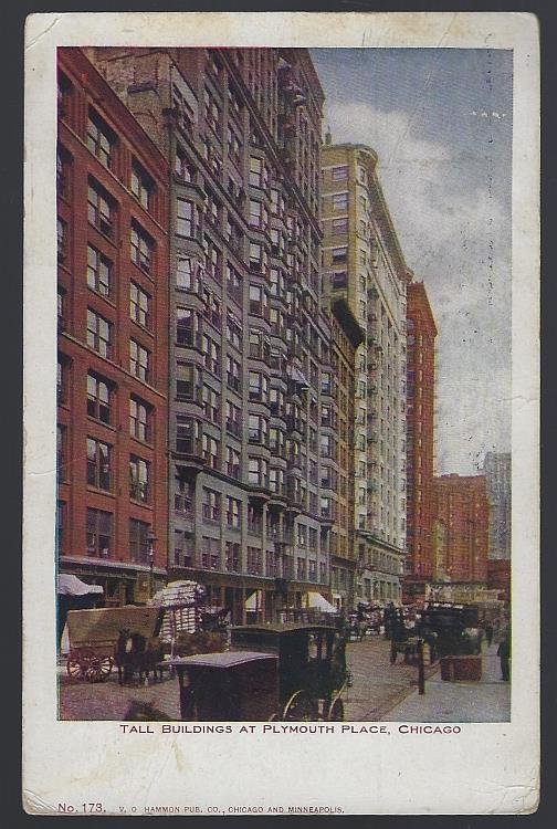 UNDIVIDED POSTCARD TALL BUILDINGS AT PLYMOUTH PLACE, CHICAGO, ILLINOIS