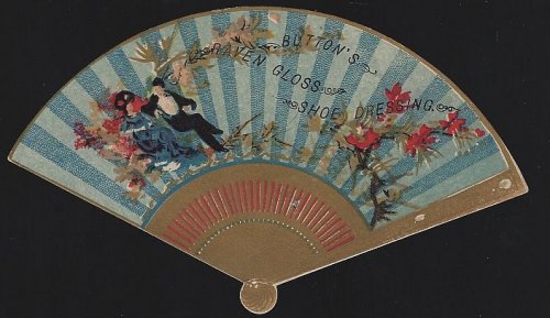 VICTORIAN DIE CUT FAN TRADE CARD FOR BUTTON'S SHOE DRESSING TRADE CARD WITH MAN AND WOMEN SURROUNDED BY FLOWERS