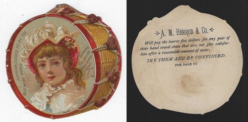 VICTORIAN DIE CUT DRUM TRADE CARD FOR HERROD'S SHOES