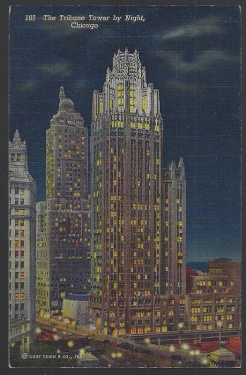 TRIBUNE TOWER BY NIGHT, CHICAGO, ILLINOIS