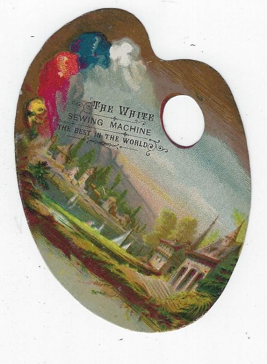 VICTORIAN DIE CUT ARTIST PALETTE TRADE CARD FOR WHITE SEWING MACHINE CLASSICAL LANDSCAPE