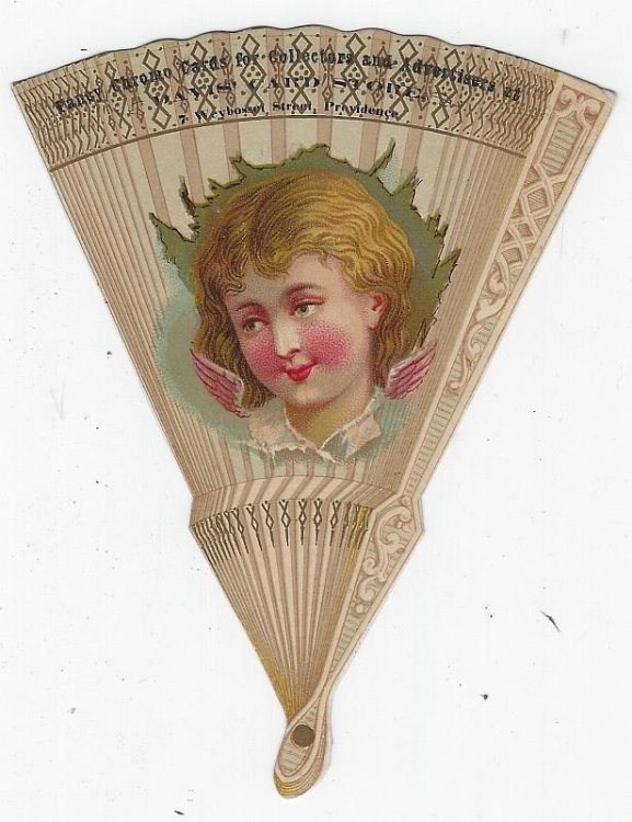 VICTORIAN DIE CUT FAN TRADE CARD FOR DAVIS' CARD STORE, PROVIDENCE