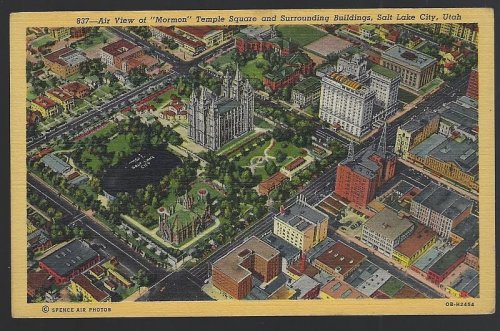 AIR VIEW OF MORMON TEMPLE SQUARE AND SURROUNDING BUILDINGS, SALT LAKE CITY, UTAH