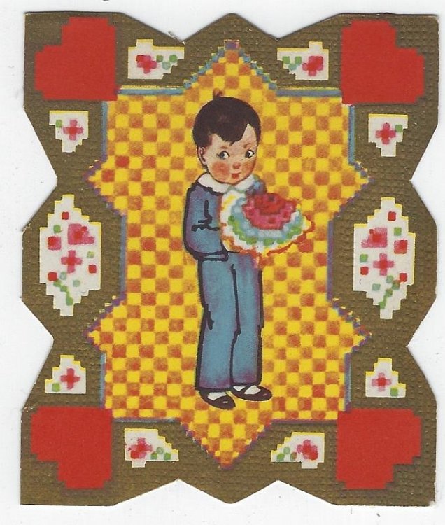 VINTAGE VALENTINE CARD WITH BOY WITH BOUQUET OF FLOWERS