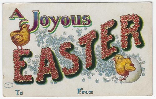 JOYOUS EASTER POSTCARD WITH CHICKS AND FLOWERS