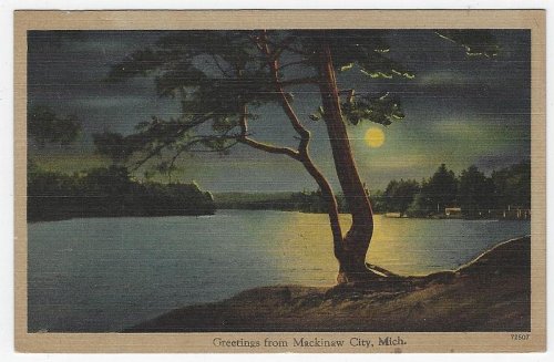 GREETINGS FROM MACKINAW CITY, MICHIGAN WITH LAKE LANDSCAPE AT NIGHT
