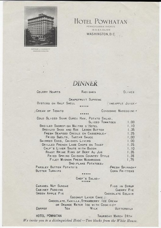 VINTAGE DINNER MENU, HOTEL POWHATAN, WASHINGTON D. C.