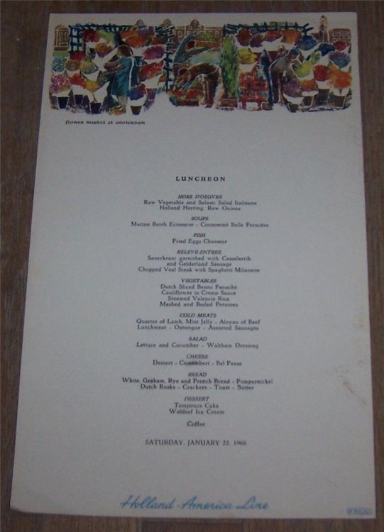 VINTAGE LUNCHEON MENU FOR HOLLAND-AMERICA LINE SATURDAY, JANUARY 22, 1966