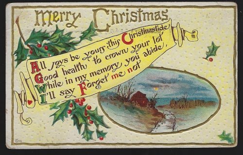 MERRY CHRISTMAS POSTCARD WITH SEASCAPE AND HOLLY