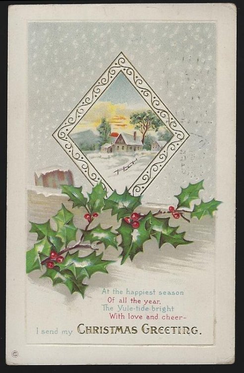 CHRISTMAS GREETING POSTCARD WITH SNOWY HOUSE AND HOLLY