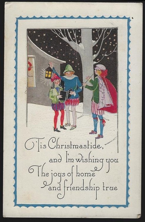 CHRISTMASTIDE POSTCARD WITH SNOWY HOUSE AND MUSICIANS