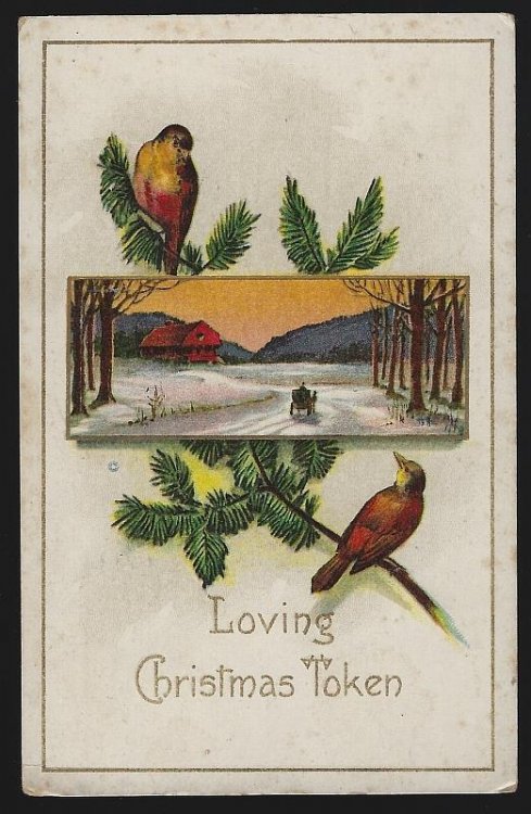 CHRISTMAS POSTCARD WITH SNOWY LANDSCAPE AND BIRDS