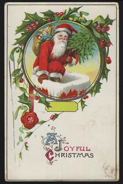 JOYFUL CHRISTMAS POSTCARD WITH SANTA CLAUS GOING DOWN CHIMNEY