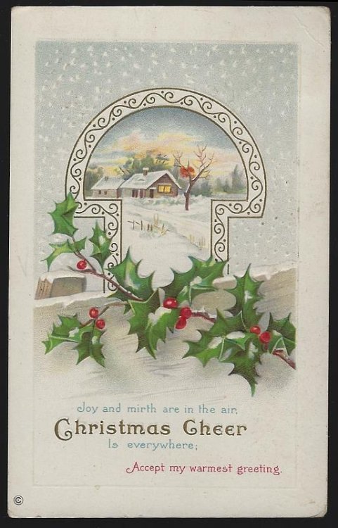 CHRISTMAS CHEER POSTCARD WITH SNOWY HOUSE AND HOLLY