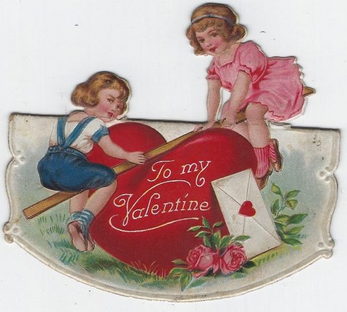 VINTAGE VALENTINE CARD WITH BOY AND GIRL ON SEE SAW
