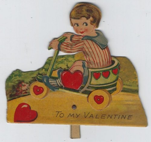 VINTAGE MOVEABLE VALENTINE CARD WITH LITTLE BOY IN WAGON