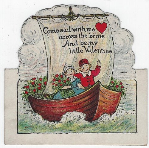 VINTAGE VALENTINE CARD WITH DUTCH BOY AND GIRL IN SAIL BOAT
