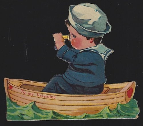 VINTAGE VALENTINE CARD WITH LITTLE BOY IN ROWBOAT