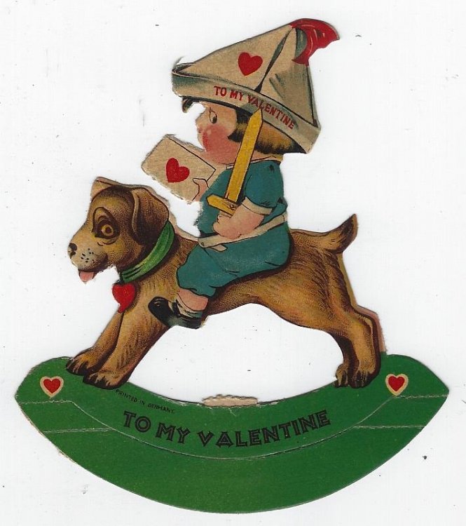 VINTAGE VALENTINE CARD WITH LITTLE SOLDIER BOY RIDING A DOG