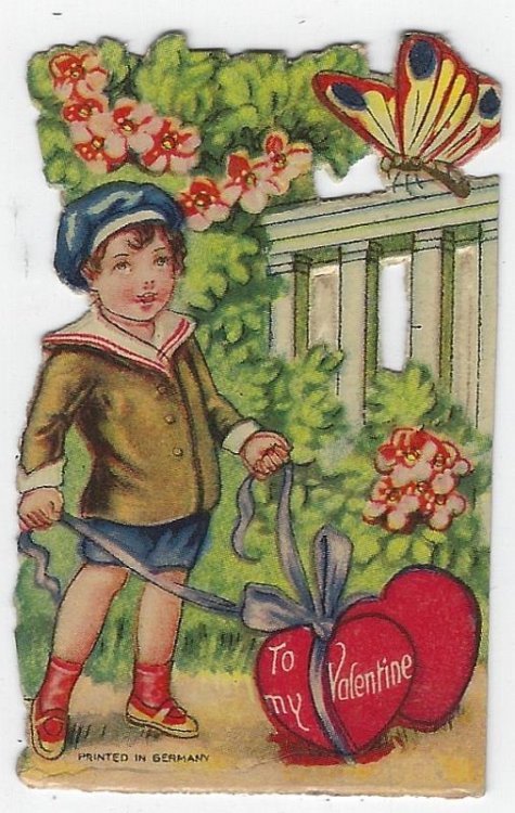 VINTAGE VALENTINE CARD WITH LITTLE BOY IN GARDEN