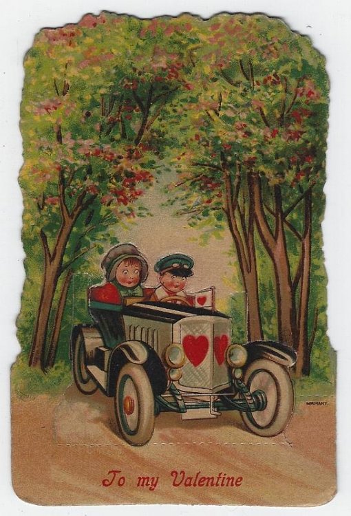VINTAGE VALENTINE CARD WITH LITTLE GIRL IN CAR AND CHAUFFEUR