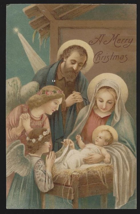 RELIGIOUS MERRY CHRISTMAS POSTCARD WITH NATIVITY SCENE