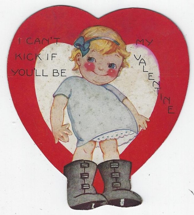 HEART SHAPED VINTAGE VALENTINE CARD WITH LITTLE GIRL IN RUBBER BOOTS