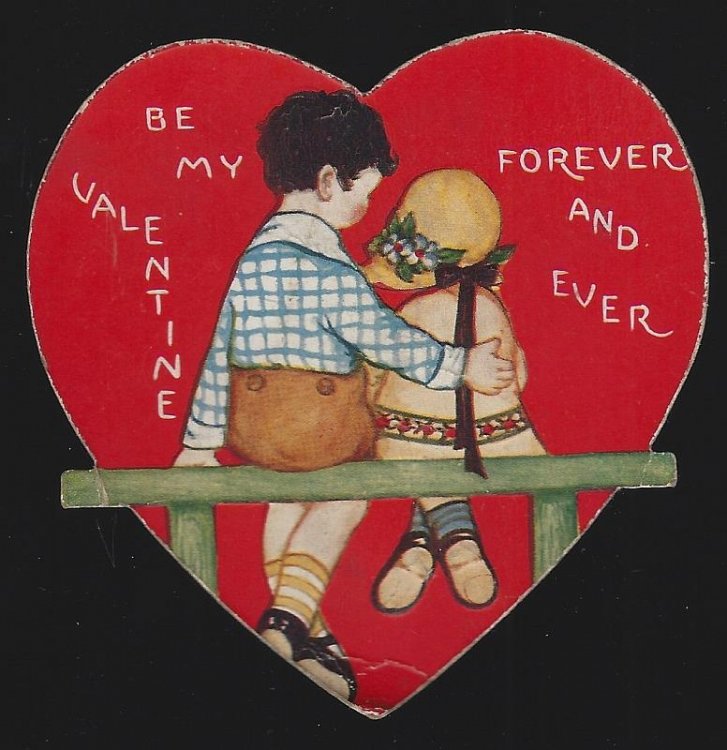 HEART SHAPED VINTAGE VALENTINE CARD WITH LITTLE GIRL AND BOY